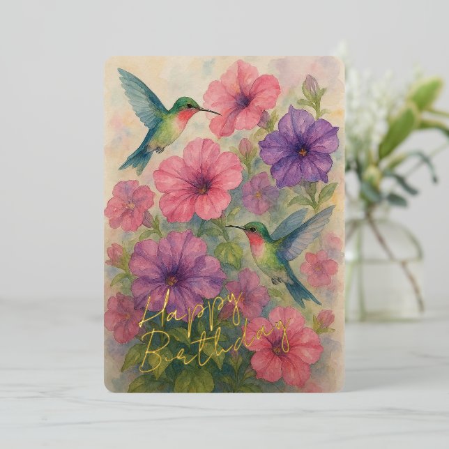 Carte d'Anniversaire Gold Foil aux colibris coloré (Debout devant)