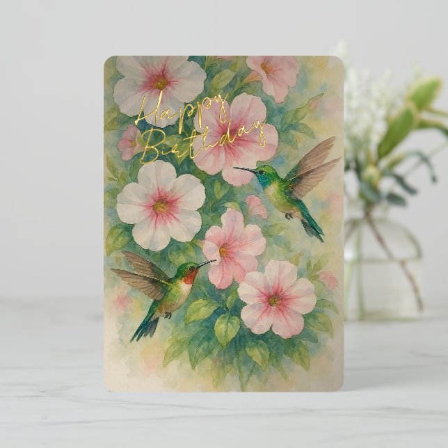 Carte d'Anniversaire Gold Foil aux colibris coloré (Debout devant)