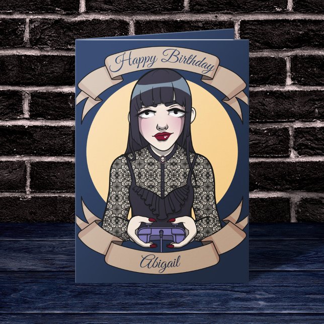 Carte d'anniversaire gothique Blue Cartoon (Mockup of card in dark room)