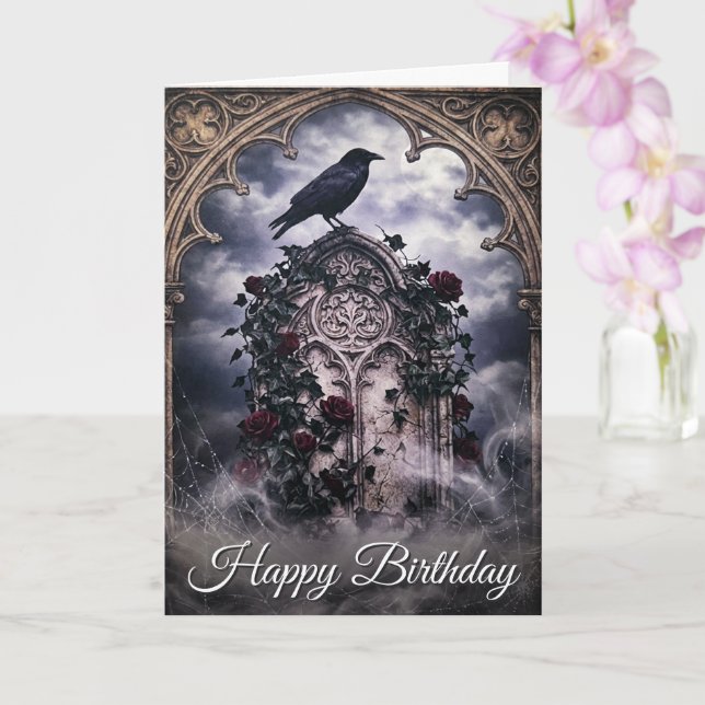Carte d'anniversaire Gothique Corbeaux & Roses Tom (Orchidée)