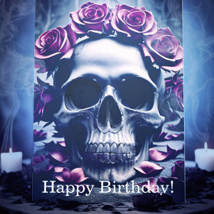 Carte d'anniversaire gothique Rose foncé et crâne