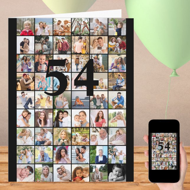 Carte d'anniversaire grand format avec collage de  (Photo Collage of 54 pictures and option to print any age on the front)