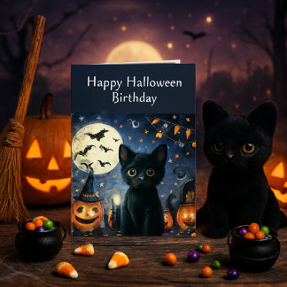 Carte d'anniversaire Halloween Chat Noir