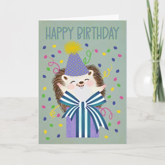 Carte d'anniversaire Hérisson avec Cadeau (Devant)