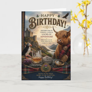 Carte d'anniversaire Highland Cow Puffin Whisky