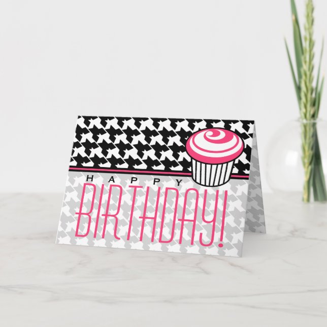 Carte d'anniversaire Houndstooth avec Cupcake rose (Devant)