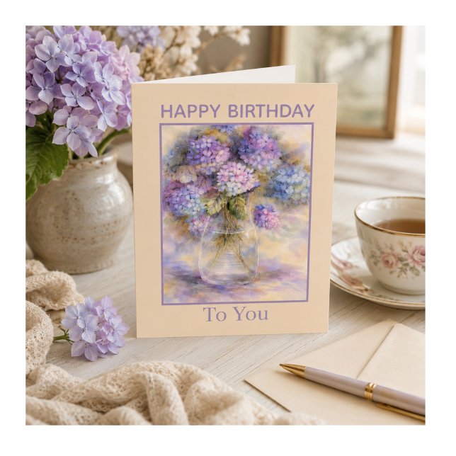 Carte d'anniversaire Hydrangea | Carte florale vio (Elegant hydrangea birthday card with soft watercolor florals and timeless boutique charm.)