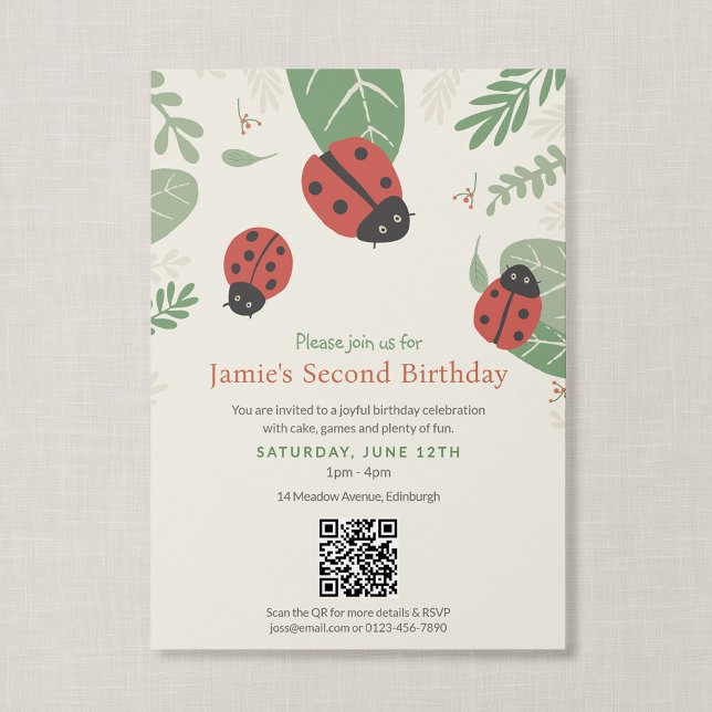 Carte d'anniversaire illustrée d'une coccinelle av (Ladybird Meadow - 5x7" Invitation with QR Code)