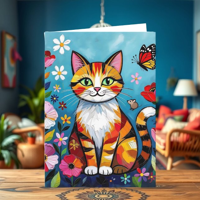 Carte d'anniversaire Impasto Chat, Fleurs & Papill (Créateur téléchargé)