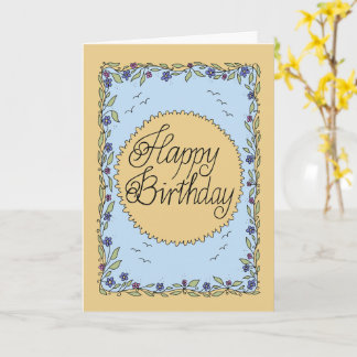 Carte d'anniversaire jaune et bleue avec lettrage