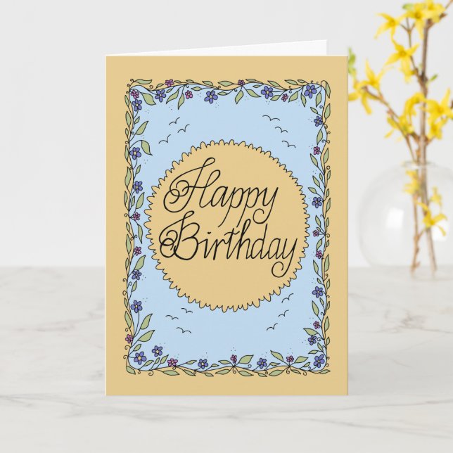 Carte d'anniversaire jaune et bleue avec lettrage  (Fleur jaune)