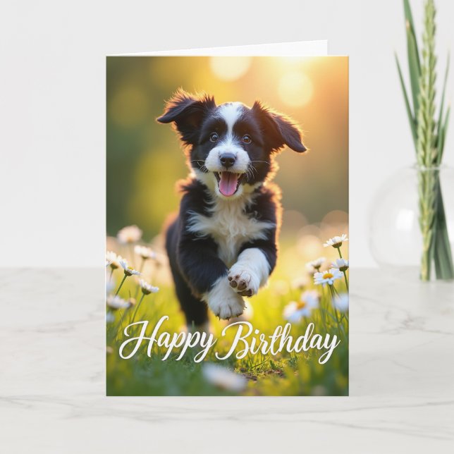 Carte d'anniversaire Joie de chiot qui bondit (Devant)