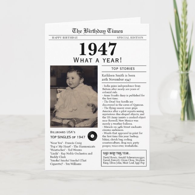 Carte d'anniversaire Journal 1947 80 ans (Devant)