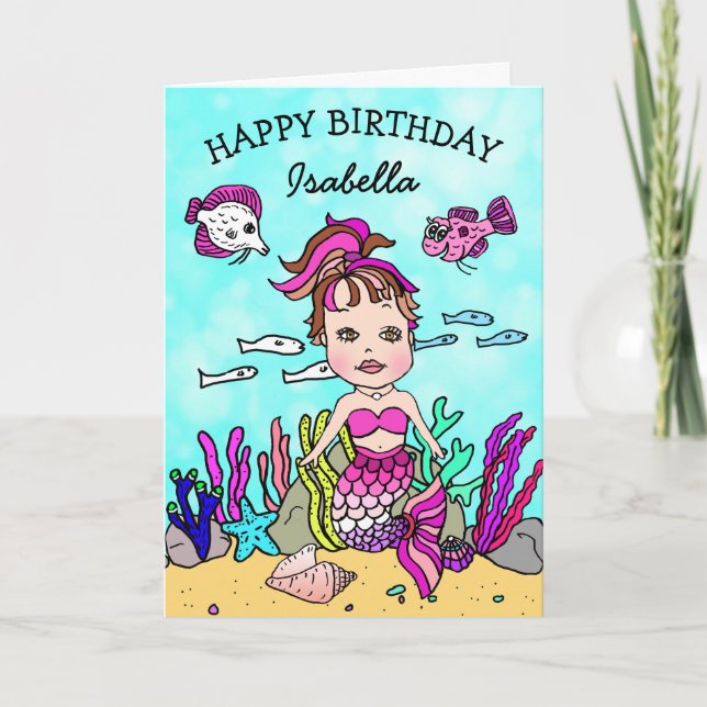 Carte d'anniversaire joyeuse à thème de sirène ros (Devant)