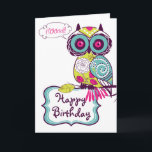 Carte d'anniversaire joyeuse de la Chouette floral<br><div class="desc">Illustration de chouette rouge chartreuse,  rose chaud,  bleu et violet foncé ornée de motifs floraux. C'est une carte d'anniversaire amusante et féminine pour votre famille et vos amis.</div>