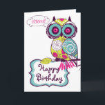 Carte d'anniversaire joyeuse de la Chouette floral<br><div class="desc">Illustration de chouette rouge chartreuse,  rose chaud,  bleu et violet foncé ornée de motifs floraux. C'est une carte d'anniversaire amusante et féminine pour votre famille et vos amis.</div>