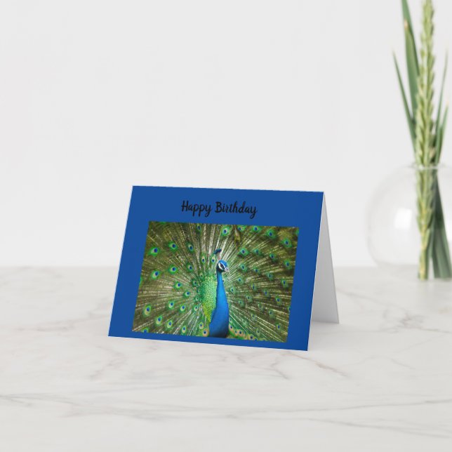 Carte d'anniversaire joyeuse paon bleu et vert (Devant)