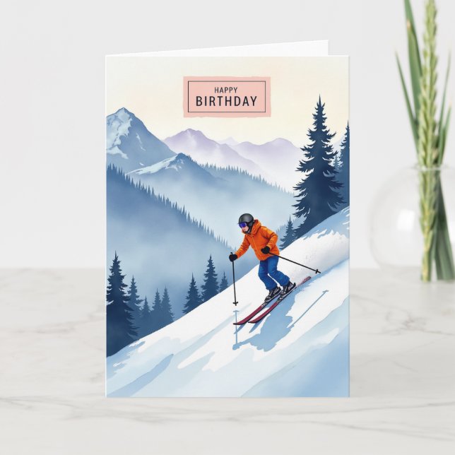 Carte d'anniversaire joyeuse pour skieur alpin (Devant)