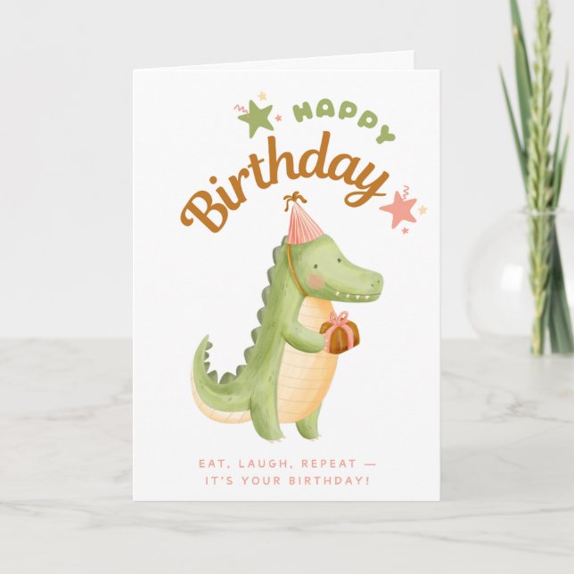 carte d'anniversaire joyeux alligator avec chapeau (Devant)