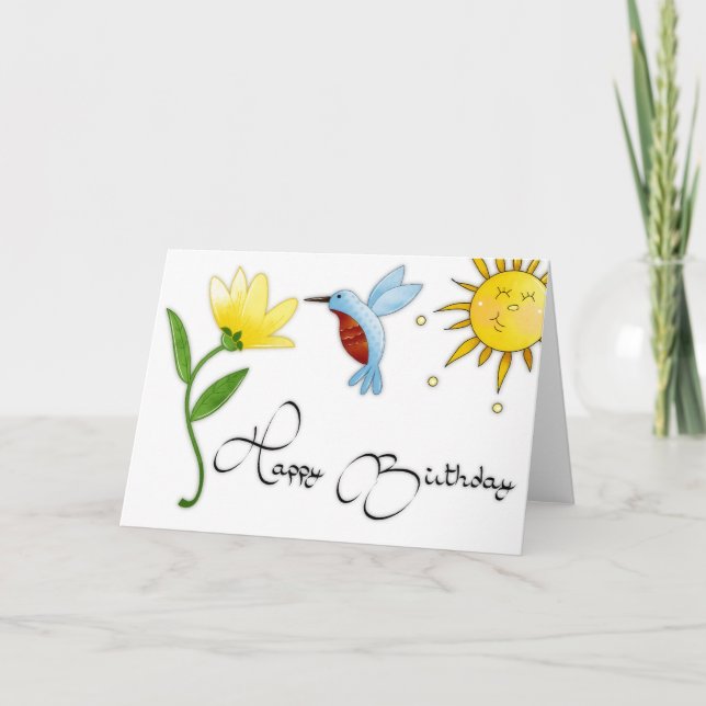 Carte d'anniversaire joyeux colibri avec fleur 2 (Devant)