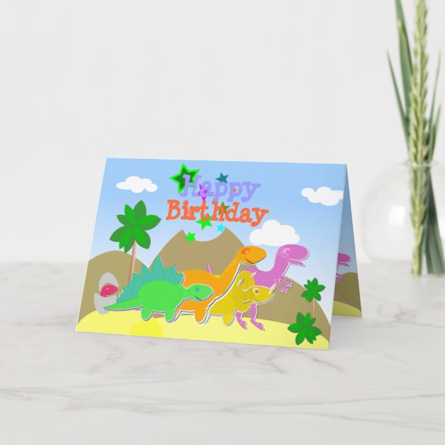 Carte d'anniversaire joyeux Dinosaures Caricature  (Devant)