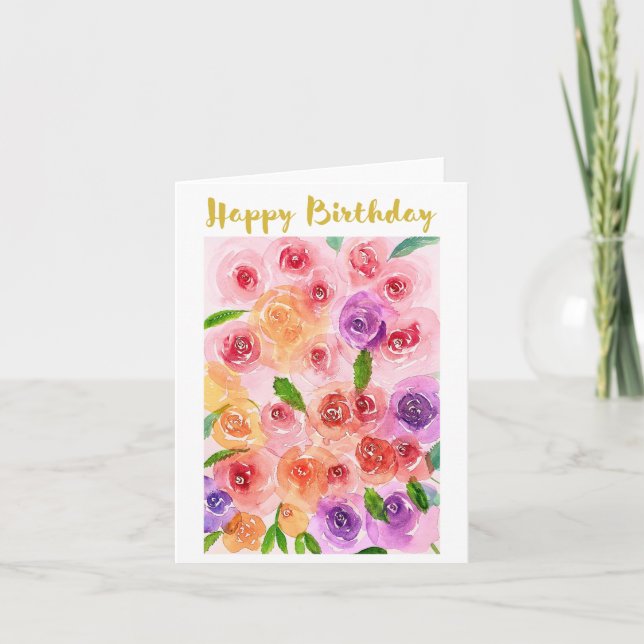 Carte d'anniversaire joyeux roses et fleurs (Devant)