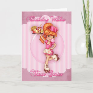 carte d'anniversaire jumelle - jolie serveuse rose