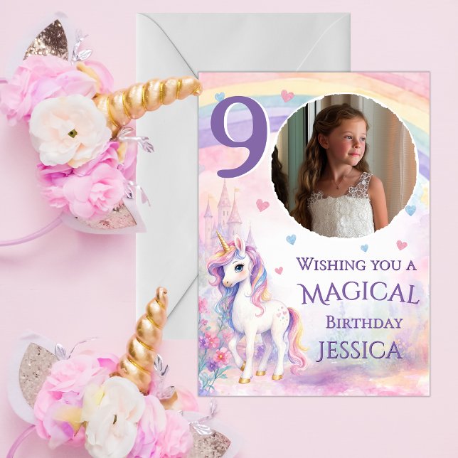 Carte d'anniversaire Licorne 9 ans avec une photo (Créateur téléchargé)
