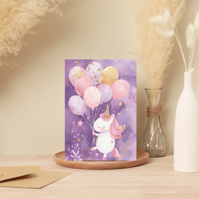 Carte d'anniversaire licorne mignonne – Ballons ro (Créateur téléchargé)