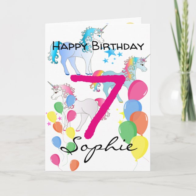 Carte d'anniversaire Licorne pour fille de 7 ans (Devant)
