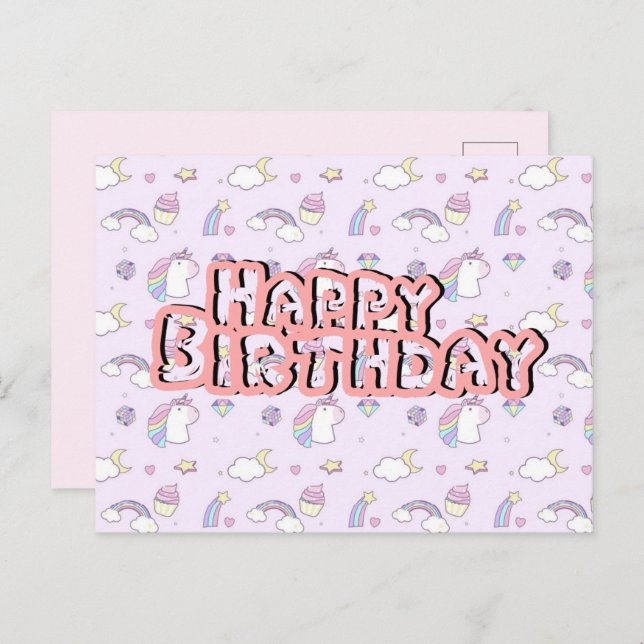 Carte d'anniversaire licorne rose mignonne  (Devant / Derrière)