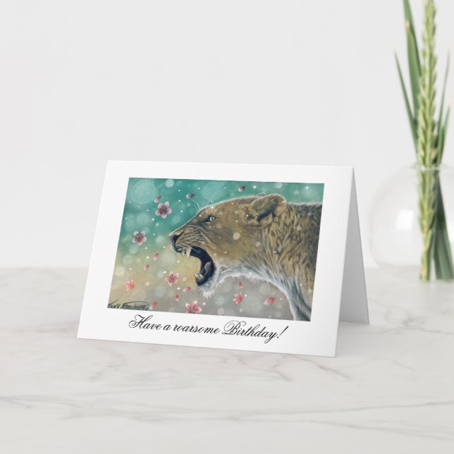 Carte d'anniversaire Lionne et Fleur de Cerisier (Devant)