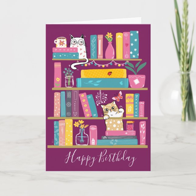 Carte d'anniversaire Livres Mignons & Chats –Amour (Devant)