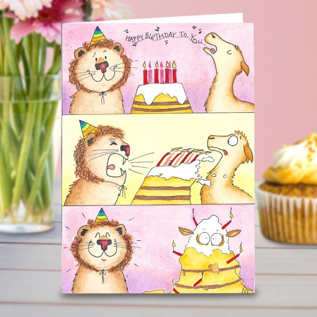 Carte d'anniversaire Llama contre Lion (Créateur téléchargé)