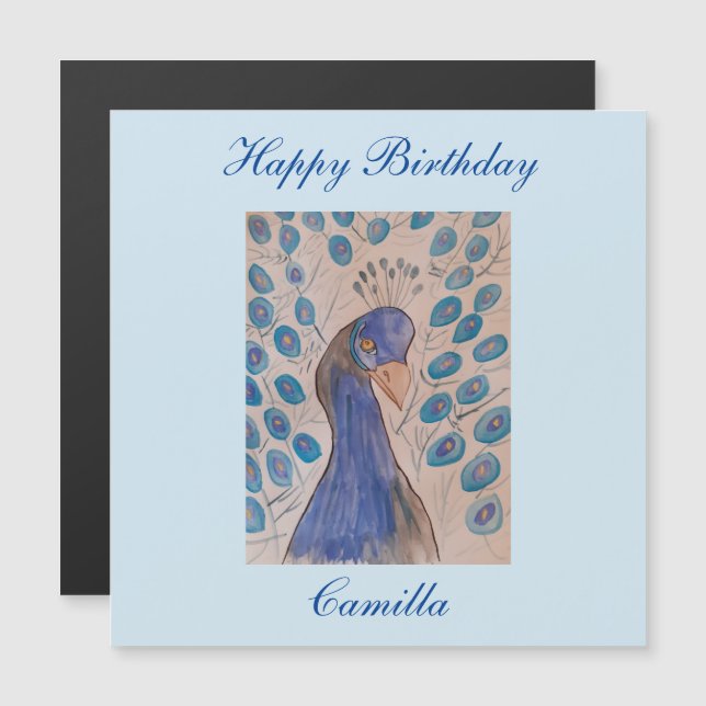 Carte d'anniversaire magnétique bleu Peacock (Devant / Derrière)