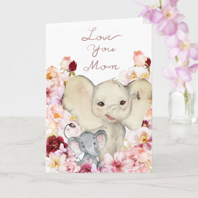 Carte d'anniversaire maman et bébé éléphant (Orchidée)