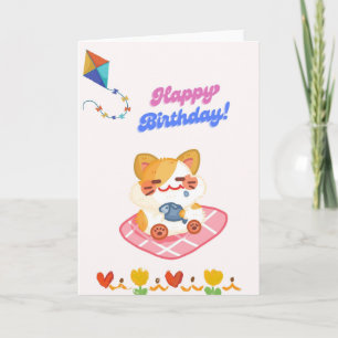Carte d'anniversaire mignonne chat tenant un poiss