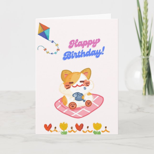 Carte d'anniversaire mignonne chat tenant un poiss (Devant)