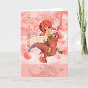 Carte d'anniversaire mignonne, dragon rose et fée