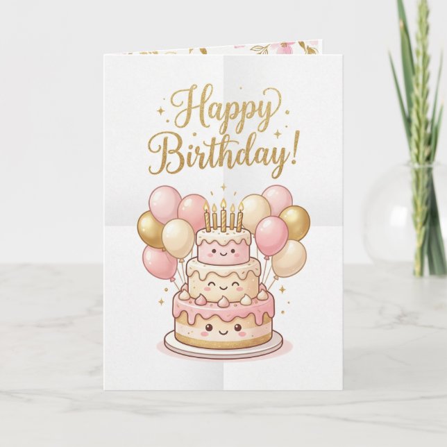 Carte d'anniversaire mignonne | Gâteau rose et or  (Devant)