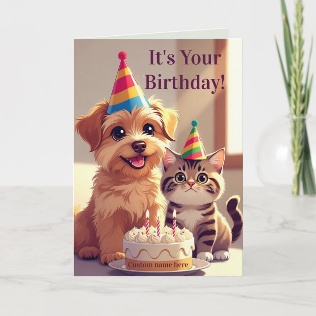 Carte d'anniversaire mignonne pour chien et chat (Devant)