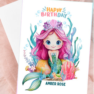 Carte d'anniversaire mignonne rose et bleu sirène 