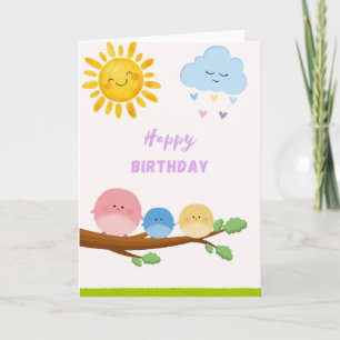 Carte d'anniversaire Mignons Oiseaux sur Branche -