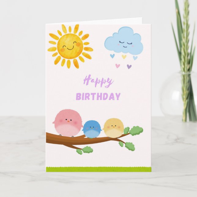 Carte d'anniversaire Mignons Oiseaux sur Branche - (Devant)