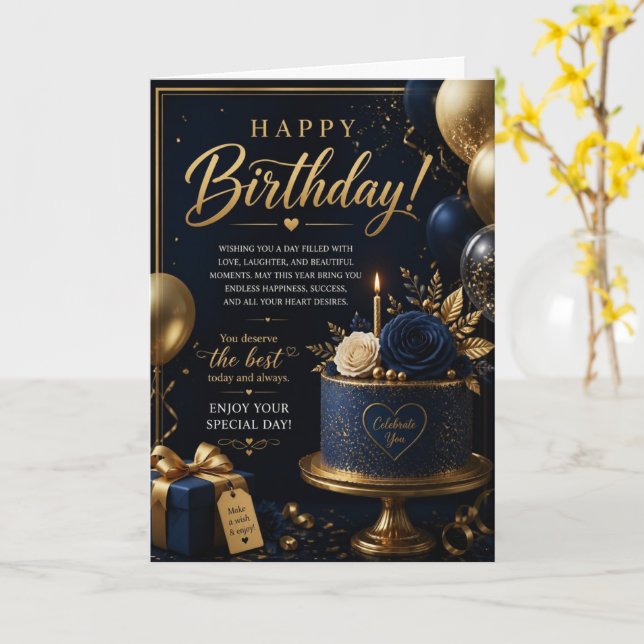 Carte d'anniversaire Navy Gold Cake (Fleur jaune)