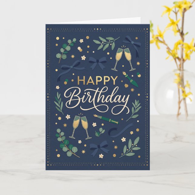 Carte d'anniversaire Navy Greenery (Fleur jaune)