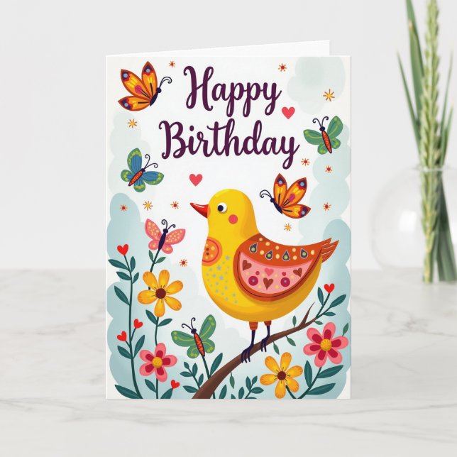 Carte d'anniversaire oiseau d'art populaire (Devant)