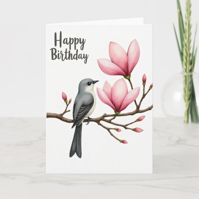 Carte d'anniversaire oiseau magnolia rose joyeuse (Devant)