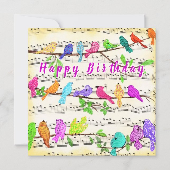 Carte d'anniversaire Oiseaux musicaux colorés Prin (Devant)