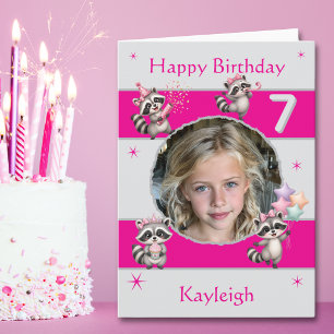 Carte d'anniversaire One Photo Raccoon Girl 7 ans